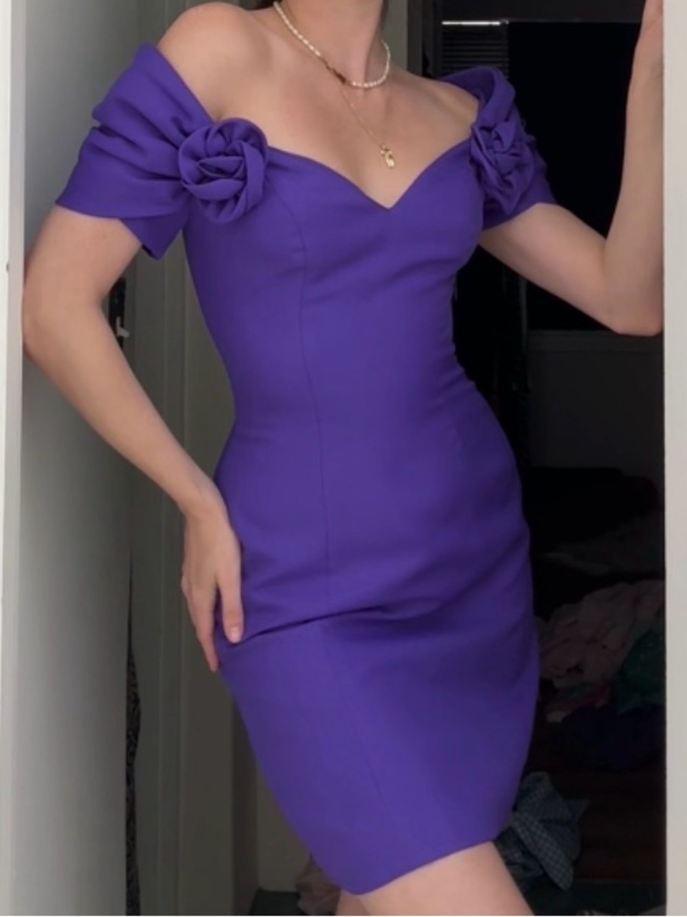 Vintage Royal Purple Corset Mini Cocktail Dress - Rosette Off Shoulder - Small